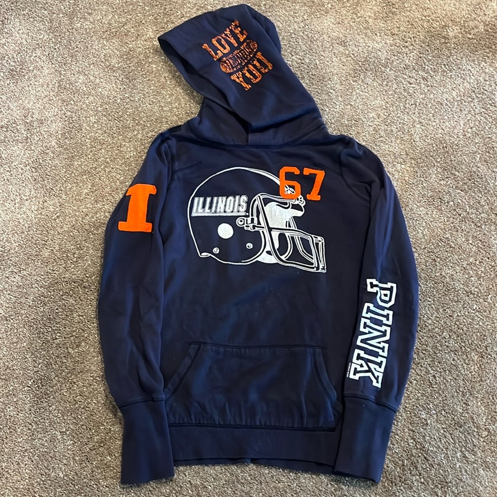 Vintage style PINK University of Illinois football hoodie (Distressed lettering)